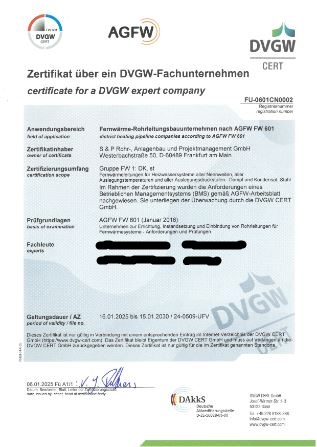 S&P Rohrbau Anlagenbau Zertifikat AGFW FW 601