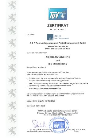 S&P Rohrbau Anlagenbau Zertifikat AD 2000-Merkblatt HP 0