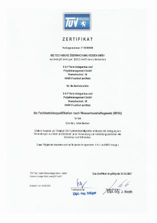 S&P Rohrbau Anlagenbau Zertifikat Errichten und in Stand setzen nach WHG Wasserhaushaltsgesetz